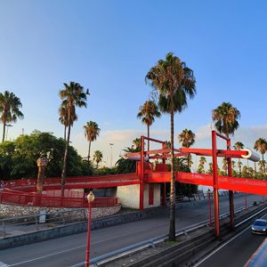 Red Pedestrian Bridge at Port Vell in Barcelona (Spain)